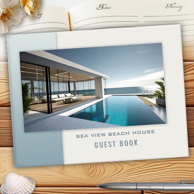 Libro De Visitas Beach House B y B Rental Photo Guest Book (Beach house guest book featuring your custom photo framed by a minimalist blue and ivory design)