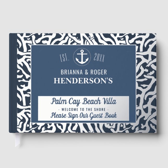 Libro De Visitas Beach House Nautical Coral Vacation Rental Silver (Anverso)