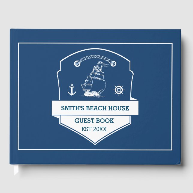 Libro De Visitas Beach House Nautical Naval Azul personalizada (Anverso)