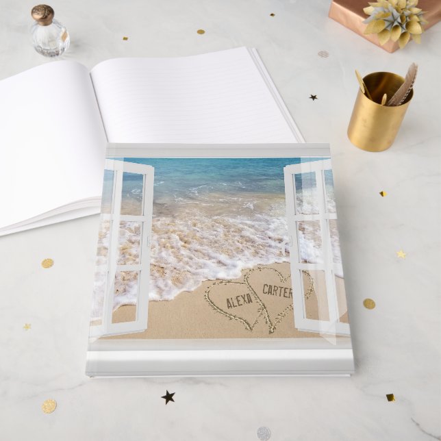 Libro De Visitas Beach Wedding Hearts in Window  (Anverso Abierto)