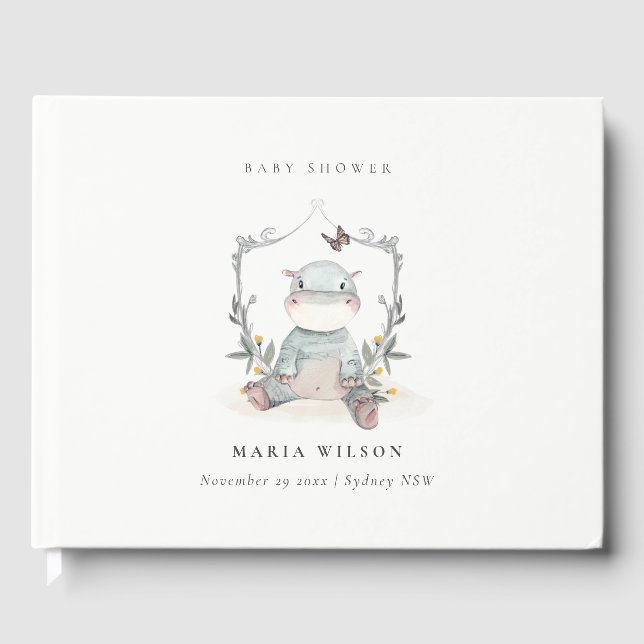 Libro De Visitas Bebé amarillo lindo Hippo Foliage Balloon Baby Sho (Anverso)