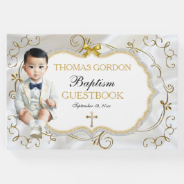 Libro De Visitas Bebé asiático bautizo cristiano blanco y oro