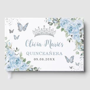 Libro De Visitas Bebé Azul Floral Mariposas Plata Quinceañera