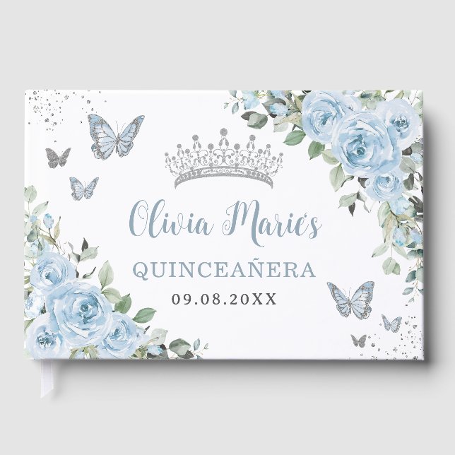 Libro De Visitas Bebé Azul Floral Mariposas Plata Quinceañera (Anverso)