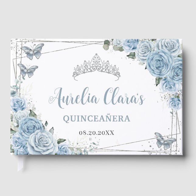 Libro De Visitas Bebé Azul Floral Mariposas Plata Quinceañera (Anverso)