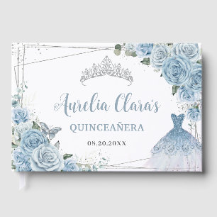 Libro De Visitas Bebé Azul Floral Vestido Plata Quinceañera