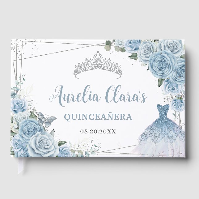 Libro De Visitas Bebé Azul Floral Vestido Plata Quinceañera (Anverso)