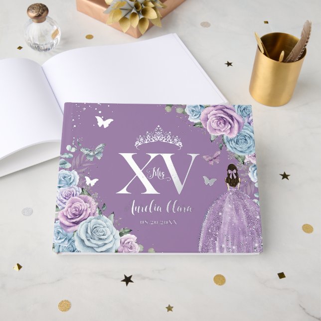 Libro De Visitas Bebé Azul Púrpura Lilac Floral Plata Quinceañera (Anverso Abierto)