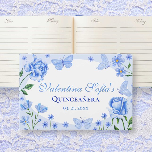 Libro De Visitas Bebé Floral Azul Quinceañera 15º cumpleaños (Baby Blue Floral Quinceañera 15th Birthday Guest Book)