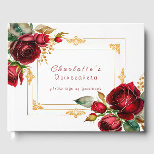 Libro De Visitas Bellas Rosas Rojas Filigrana de Oro Quinceañera