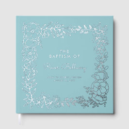 Libro De Visitas Belleza azul plata marco floral baptismo