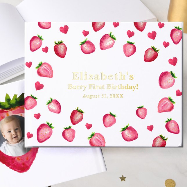 Libro De Visitas Berry First Birthday Strawberry Custom Photo Gold (Subido por el creador)