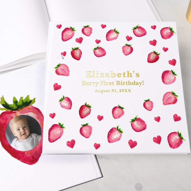 Libro De Visitas Berry First Birthday Strawberry Custom Photo Gold (Subido por el creador)