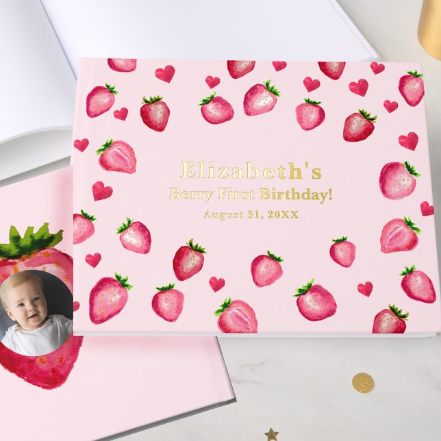 Libro De Visitas Berry First Birthday Strawberry Custom Photo Gold (Subido por el creador)
