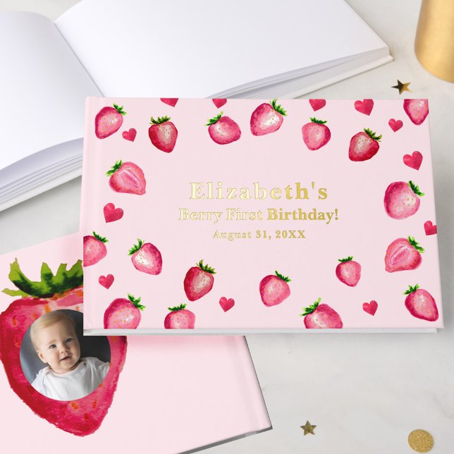 Libro De Visitas Berry First Birthday Strawberry Custom Photo Gold (Subido por el creador)