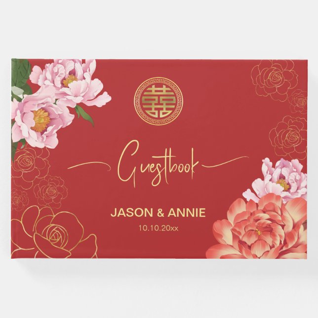 Libro De Visitas Bienvenida elegante de boda china con peonía roja (Anverso)