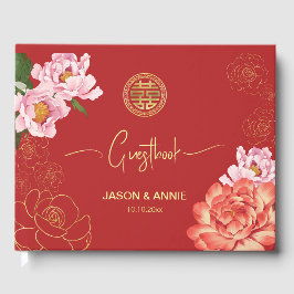 Libro De Visitas Bienvenida elegante de boda china con peonía roja