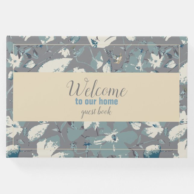 Libro De Visitas Bienvenida floral de crema gris azul simple (Anverso)