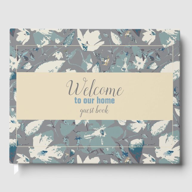 Libro De Visitas Bienvenida floral de crema gris azul simple (Anverso)
