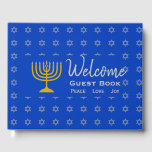 Libro De Visitas Bienvenida personalizada de HANUKKAH<br><div class="desc">HANUKKAH Bienvenido al Libro de Invitados de HANUKKAH en un ambiente azul. Mantén vivos los recuerdos de tus reuniones especiales recogiendo los pensamientos de tus invitados en este elegante y sutil libro de invitados Hanukkah. El texto del marcador de posición es personalizable, por lo que puede cambiar la descripción, por...</div>