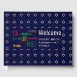 Libro De Visitas BIENVENIDOS Amar Joy Paz Hebreo Azul personalizado<br><div class="desc">Mantén vivos los recuerdos de tus reuniones especiales recogiendo los pensamientos de tus huéspedes en este elegante libro de invitados gris y azul oscuro. El texto del marcador de posición es personalizable, por lo que puede cambiar la descripción, por ejemplo, al nombre de su familia, etc. Las palabras LOVE JOY...</div>