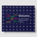 Libro De Visitas BIENVENIDOS Amar Joy Paz Hebreo Azul personalizado<br><div class="desc">Mantén vivos los recuerdos de tus reuniones especiales recogiendo los pensamientos de tus huéspedes en este elegante libro de invitados gris y azul oscuro. El texto del marcador de posición es personalizable, por lo que puede cambiar la descripción, por ejemplo, al nombre de su familia, etc. Las palabras LOVE JOY...</div>