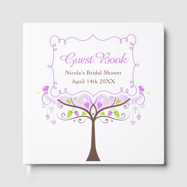 Libro De Visitas Birds Hearts Tree Purple and Green Bridal Shower (Anverso)