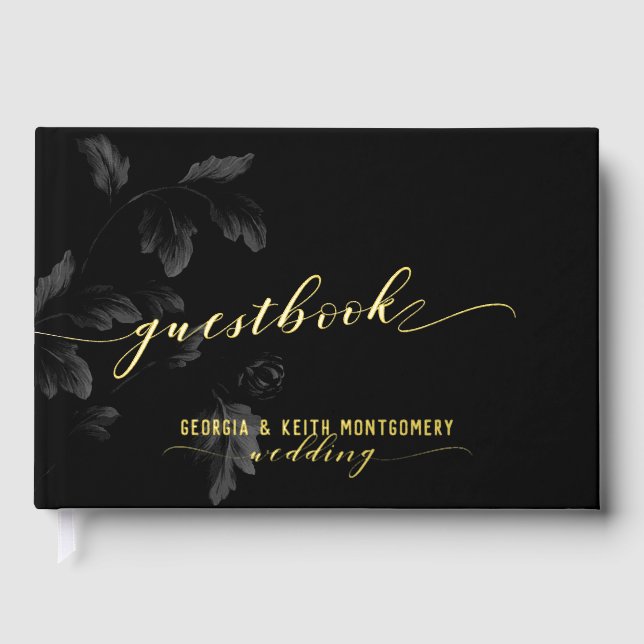 Libro De Visitas Black Acanthus Leaf Gold Script Elegant Wedding (Anverso)