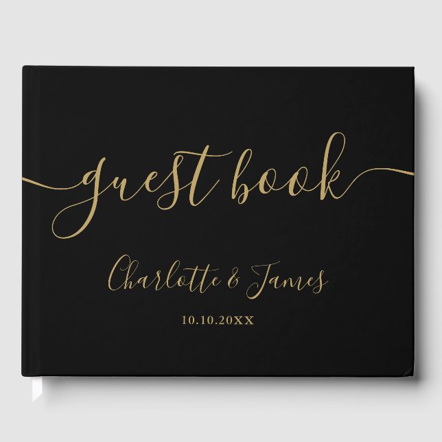 Libro De Visitas Black And Gold Signature Script Photo Wedding (Anverso)
