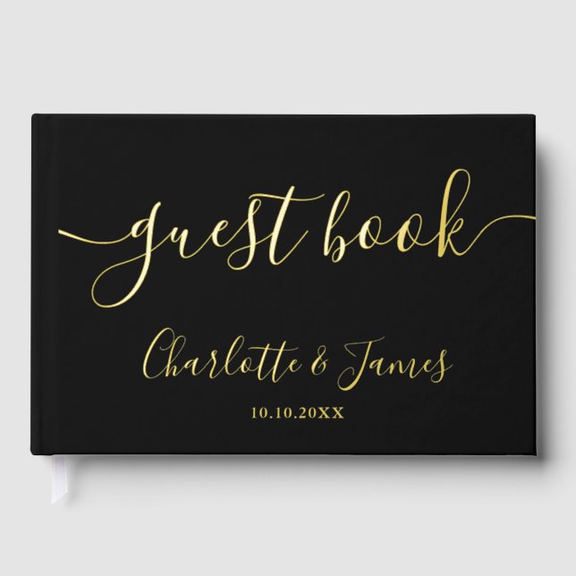 Libro De Visitas Black And Gold Signature Script Photo Wedding (Anverso)