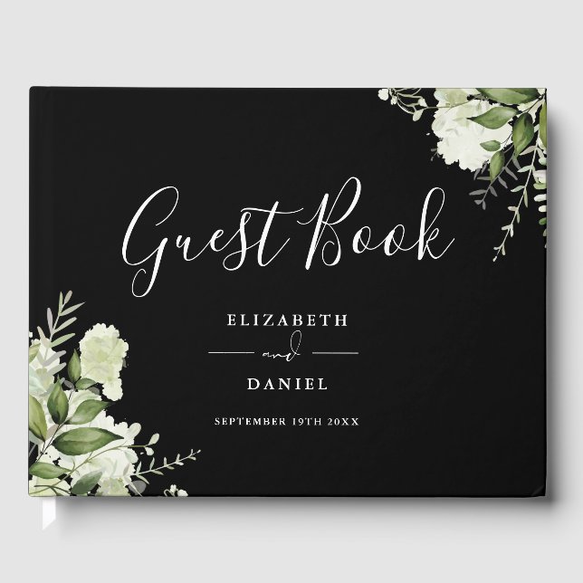 Libro De Visitas Black And White Greenery Floral Photo Wedding (Anverso)
