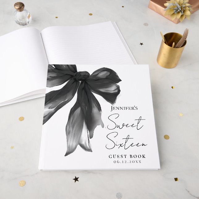 Libro De Visitas Black Bow Coquette Script Sweet 16 Party (Anverso Abierto)