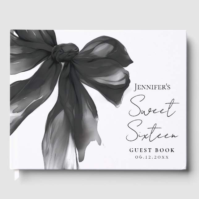 Libro De Visitas Black Bow Coquette Script Sweet 16 Party (Anverso)
