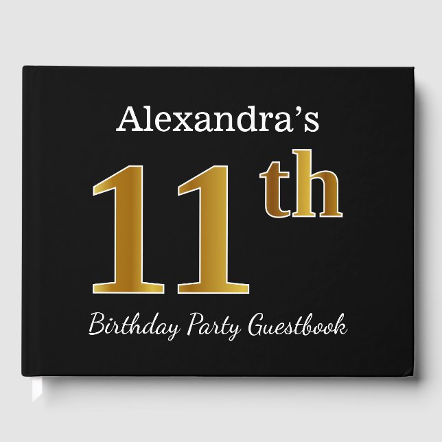 Libro De Visitas Black, Faux Gold 11th Birthday Party + Custom Name (Anverso)