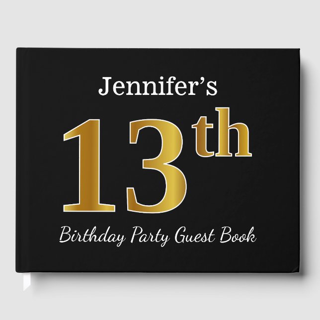 Libro De Visitas Black, Faux Gold 13th Birthday Party + Custom Name (Anverso)