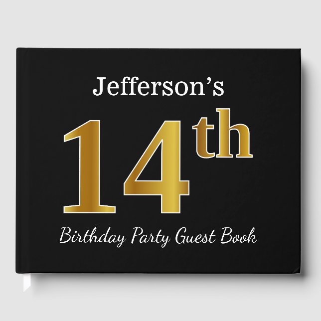 Libro De Visitas Black, Faux Gold 14th Birthday Party + Custom Name (Anverso)