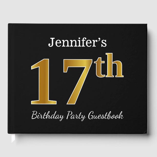 Libro De Visitas Black, Faux Gold 17th Birthday Party + Custom Name (Anverso)