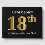 Libro De Visitas Black, Faux Gold 18th Birthday Party   Custom Name<br><div class="desc">El diseño de este libro de huéspedes incluye el número ordinal "18" con un aspecto falso dorado. También cuenta con un nombre personalizado y un fondo de color negro. Se podría usar en un fiesta para alguien que celebre su 18º cumpleaños. [~Z0000054]</div>