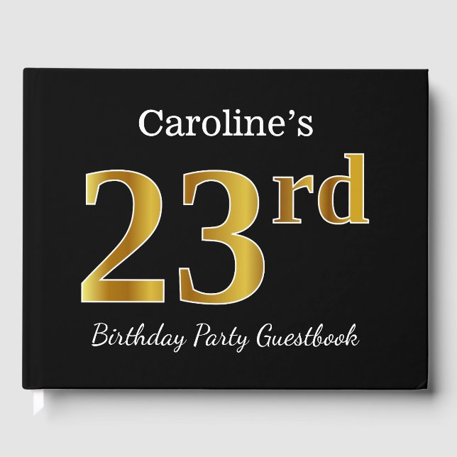 Libro De Visitas Black, Faux Gold 23rd Birthday Party + Custom Name (Anverso)