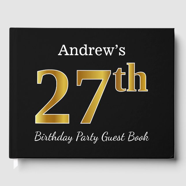 Libro De Visitas Black, Faux Gold 27th Birthday Party + Custom Name (Anverso)