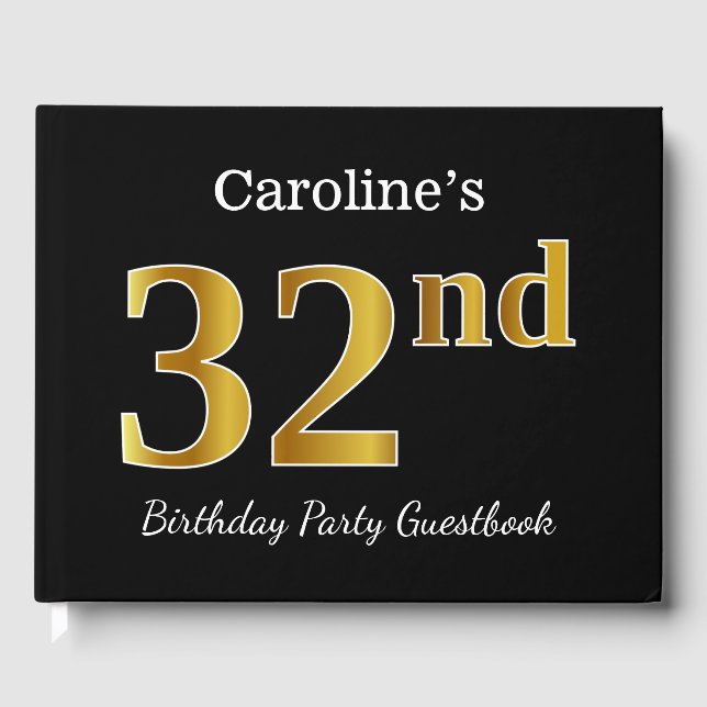 Libro De Visitas Black, Faux Gold 32nd Birthday Party + Custom Name (Anverso)