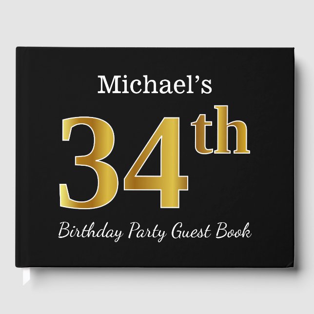 Libro De Visitas Black, Faux Gold 34th Birthday Party + Custom Name (Anverso)