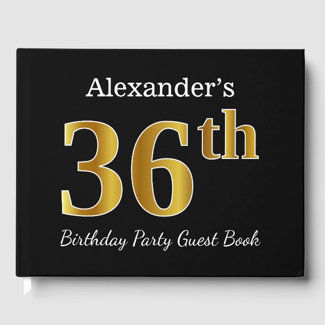 Libro De Visitas Black, Faux Gold 36th Birthday Party + Custom Name (Anverso)