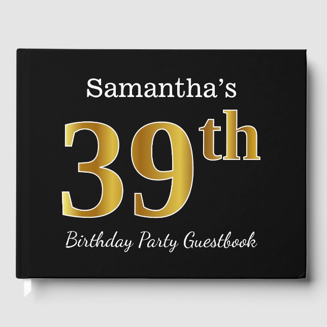 Libro De Visitas Black, Faux Gold 39th Birthday Party + Custom Name (Anverso)