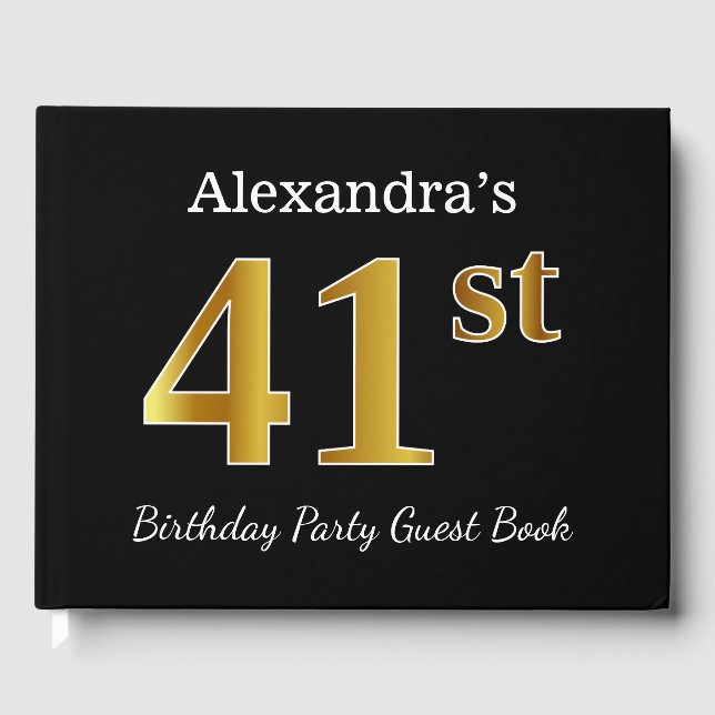Libro De Visitas Black, Faux Gold 41st Birthday Party + Custom Name (Anverso)