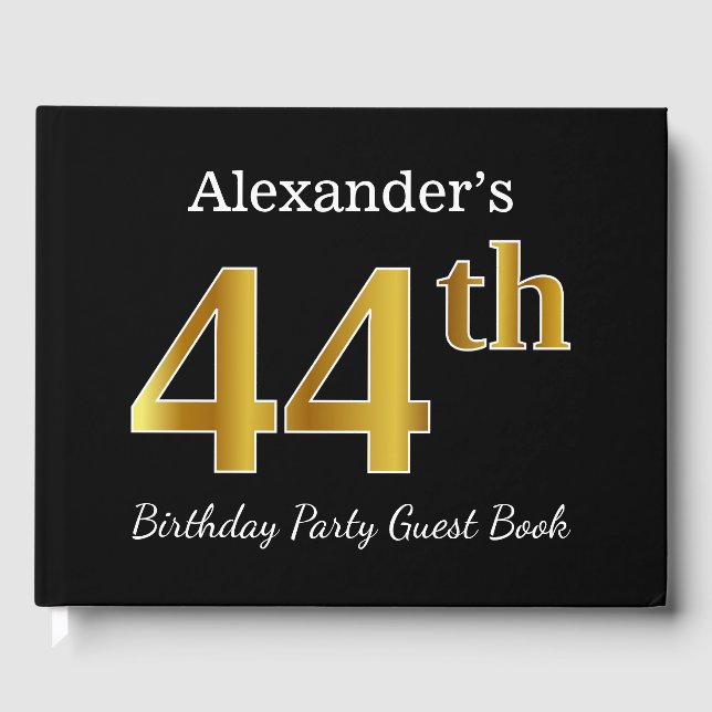 Libro De Visitas Black, Faux Gold 44th Birthday Party + Custom Name (Anverso)