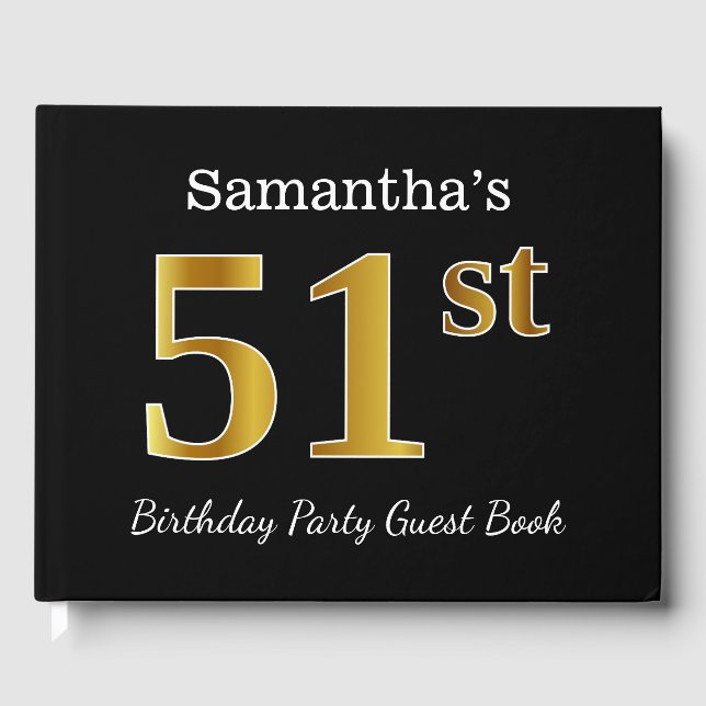 Libro De Visitas Black, Faux Gold 51st Birthday Party + Custom Name (Anverso)