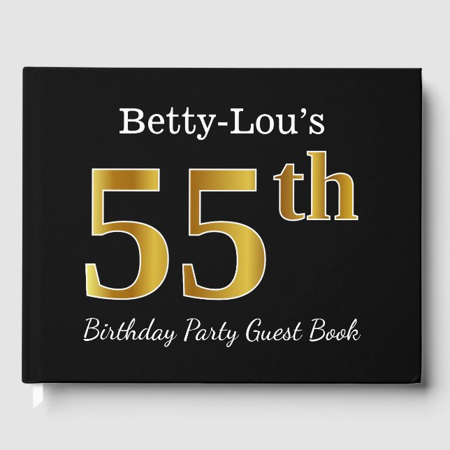 Libro De Visitas Black, Faux Gold 55th Birthday Party + Custom Name (Anverso)