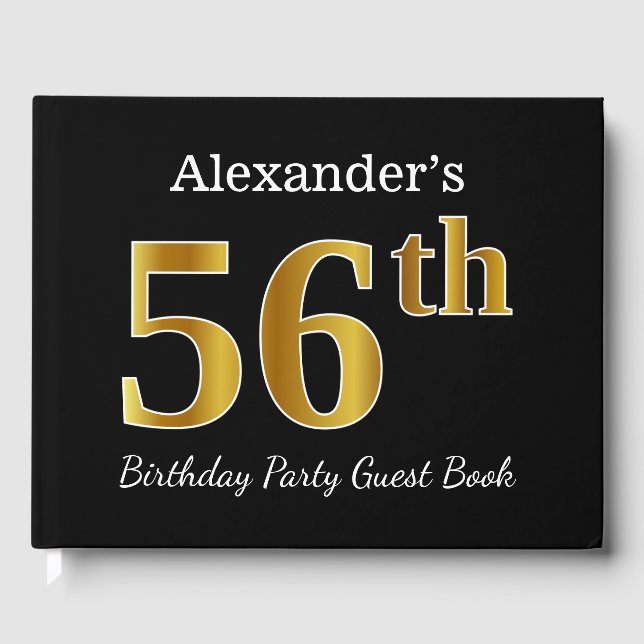 Libro De Visitas Black, Faux Gold 56th Birthday Party + Custom Name (Anverso)