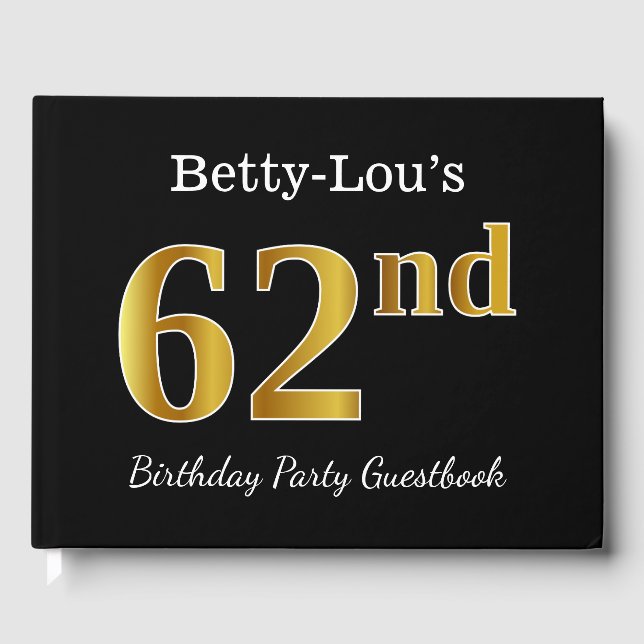 Libro De Visitas Black, Faux Gold 62nd Birthday Party + Custom Name (Anverso)